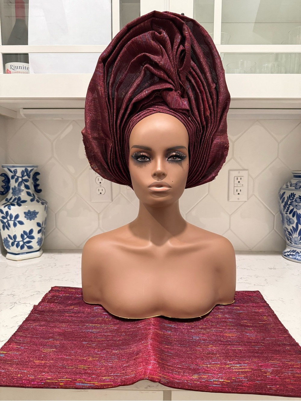 Burgundy Traditional African  Aso-Oke/Kente Auto Gele 2p Set Gele and Ipele